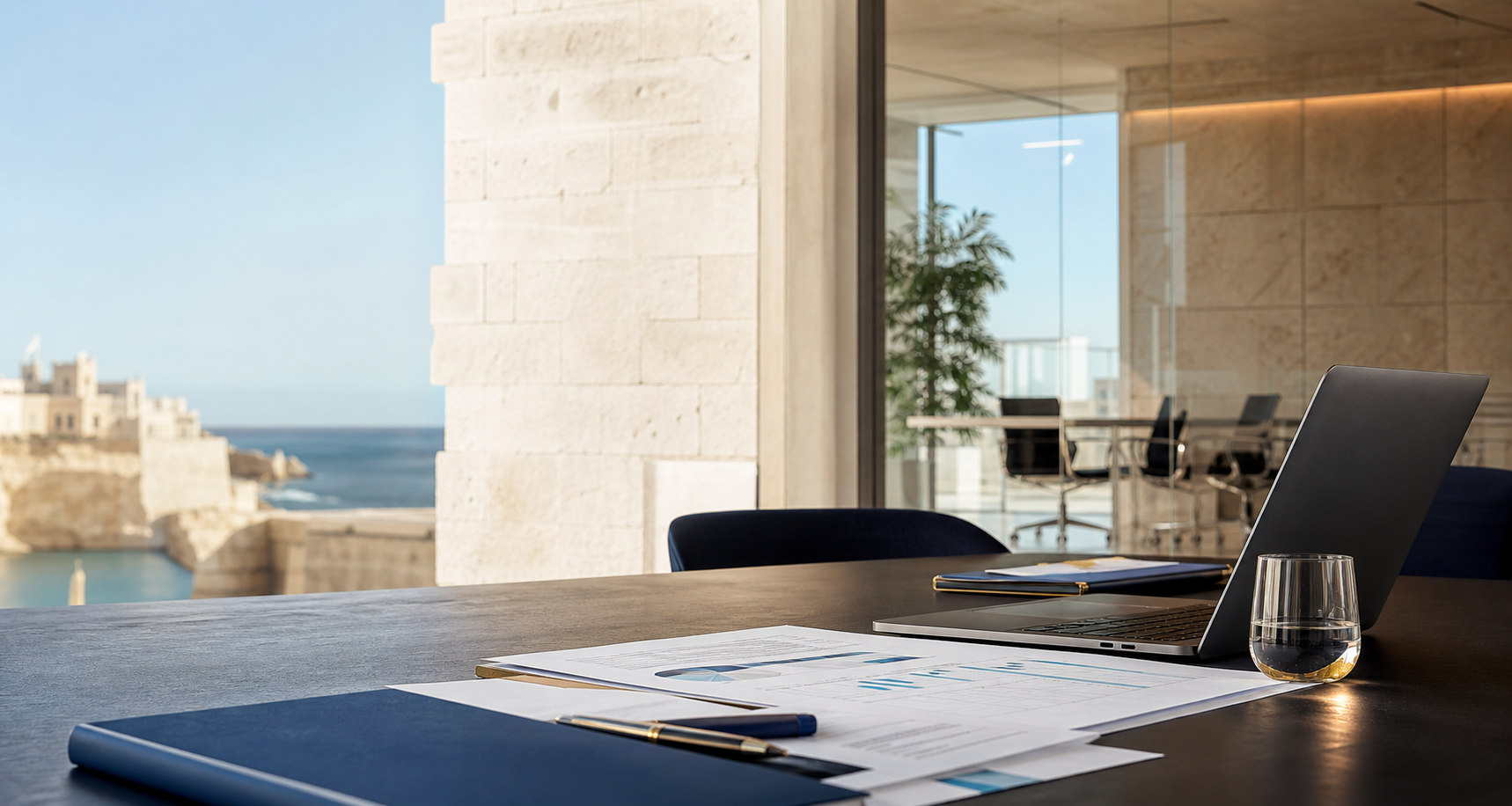 Modern corporate office with finance documents