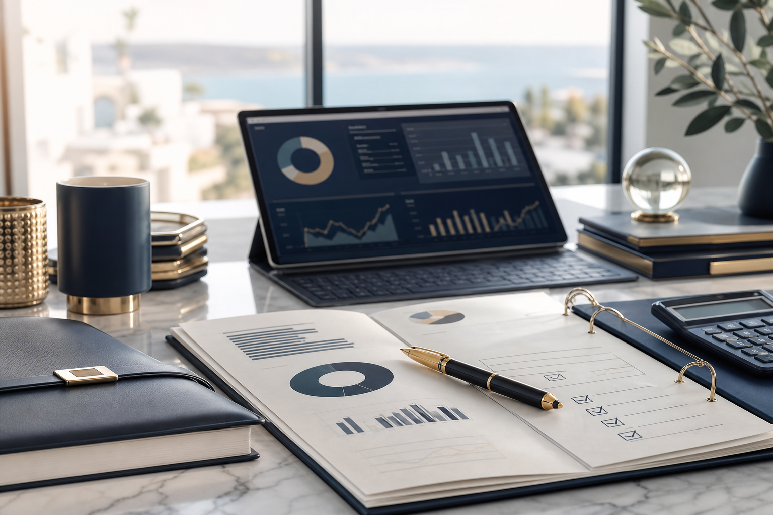 Professional workspace with financial dashboard
